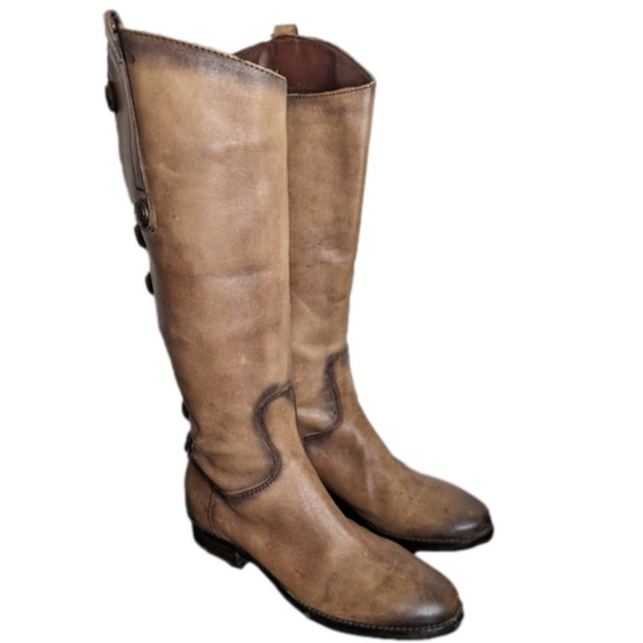 Arturo Chiang Women's‎ 7 Tan Distressed Button Embellished Tall Riding Boots - Picture 1 of 16